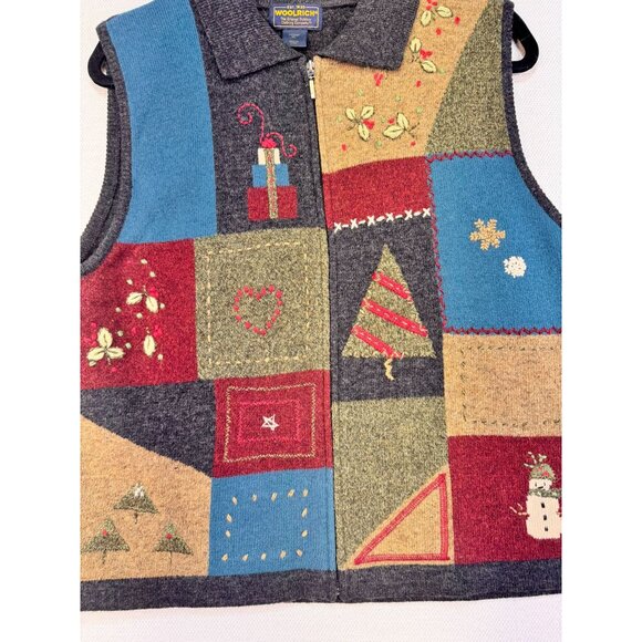 Woolrich Womens Patchwork Knit Vest 100% Lambs Wool Christmas Holiday Theme - Picture 4 of 9